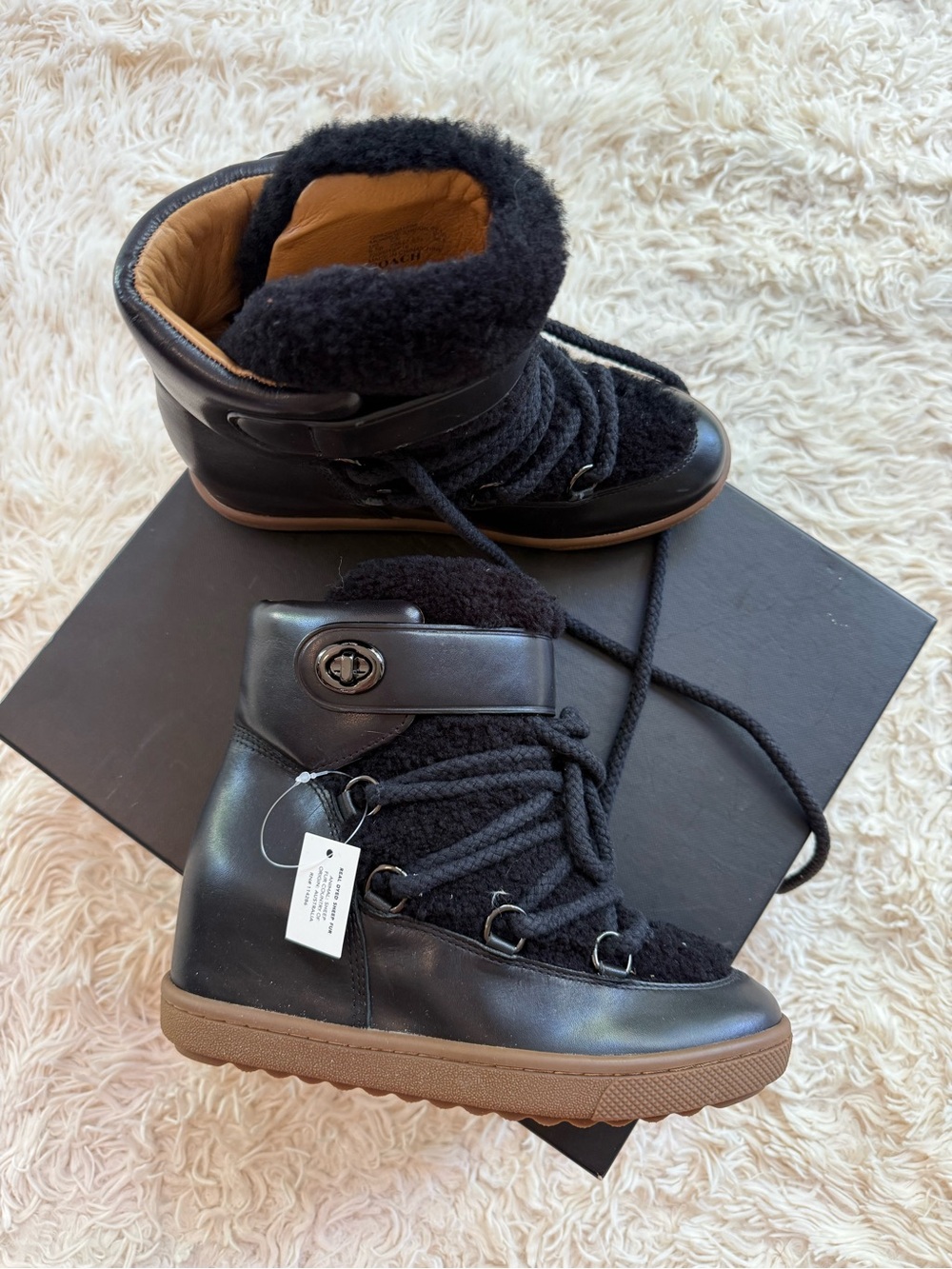Coach Monroe Shearling Boots Black Leather Fur Sneakers 6.5 NEW wedge